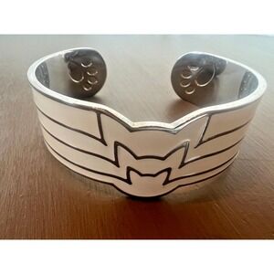 Cat Cuff Bracelet White Ivory Enamel Silver Tone Wide Kitty Paw Print Open Cuff